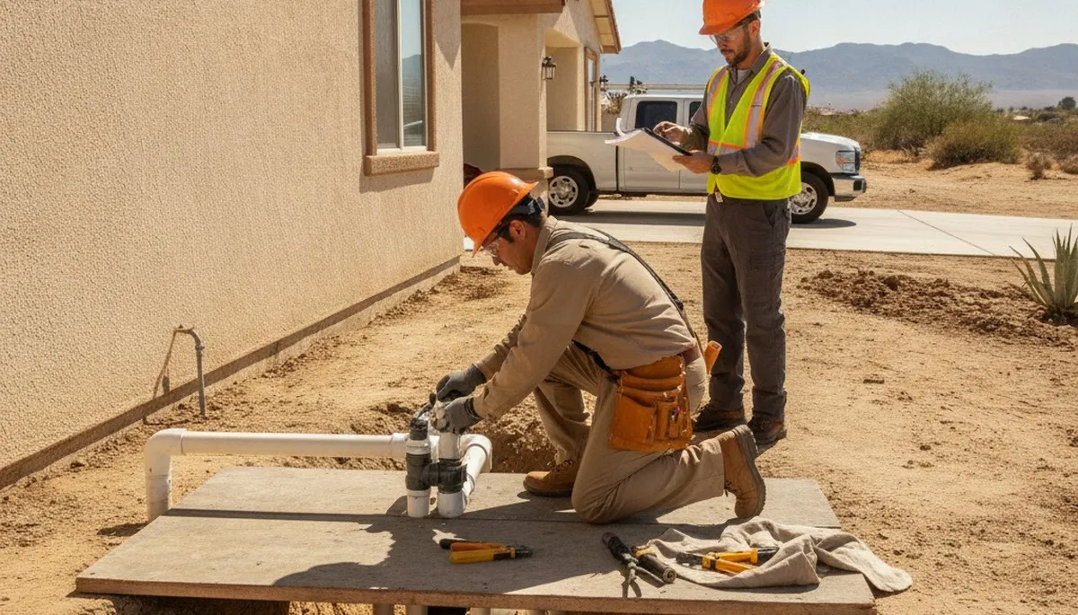 Palm Springs, CA plumbing repair technician servicing a residential plumbing system