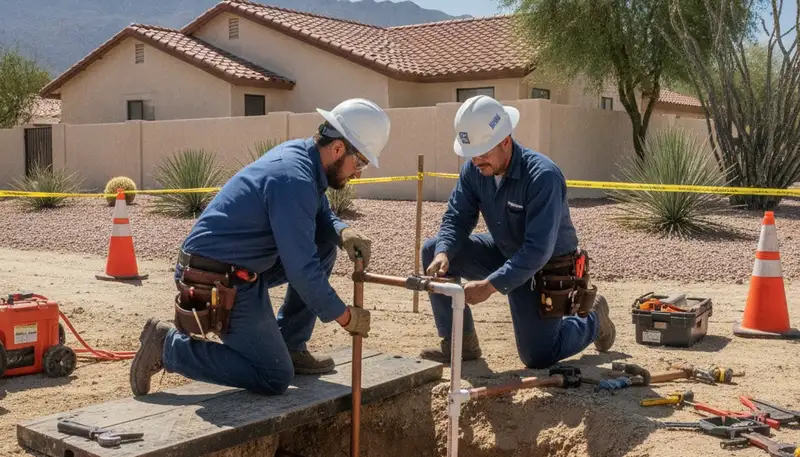 Palm Springs, CA plumbing repair technician servicing a residential pipe leak