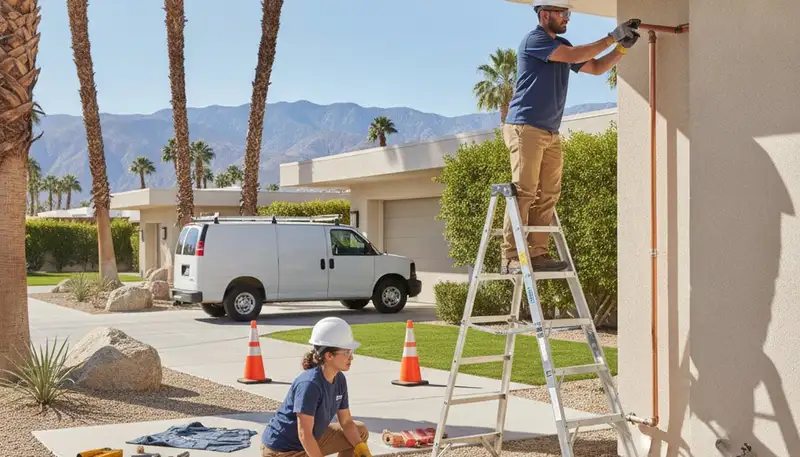 Palm Springs, CA plumbing repair technician servicing a residential pipe leak